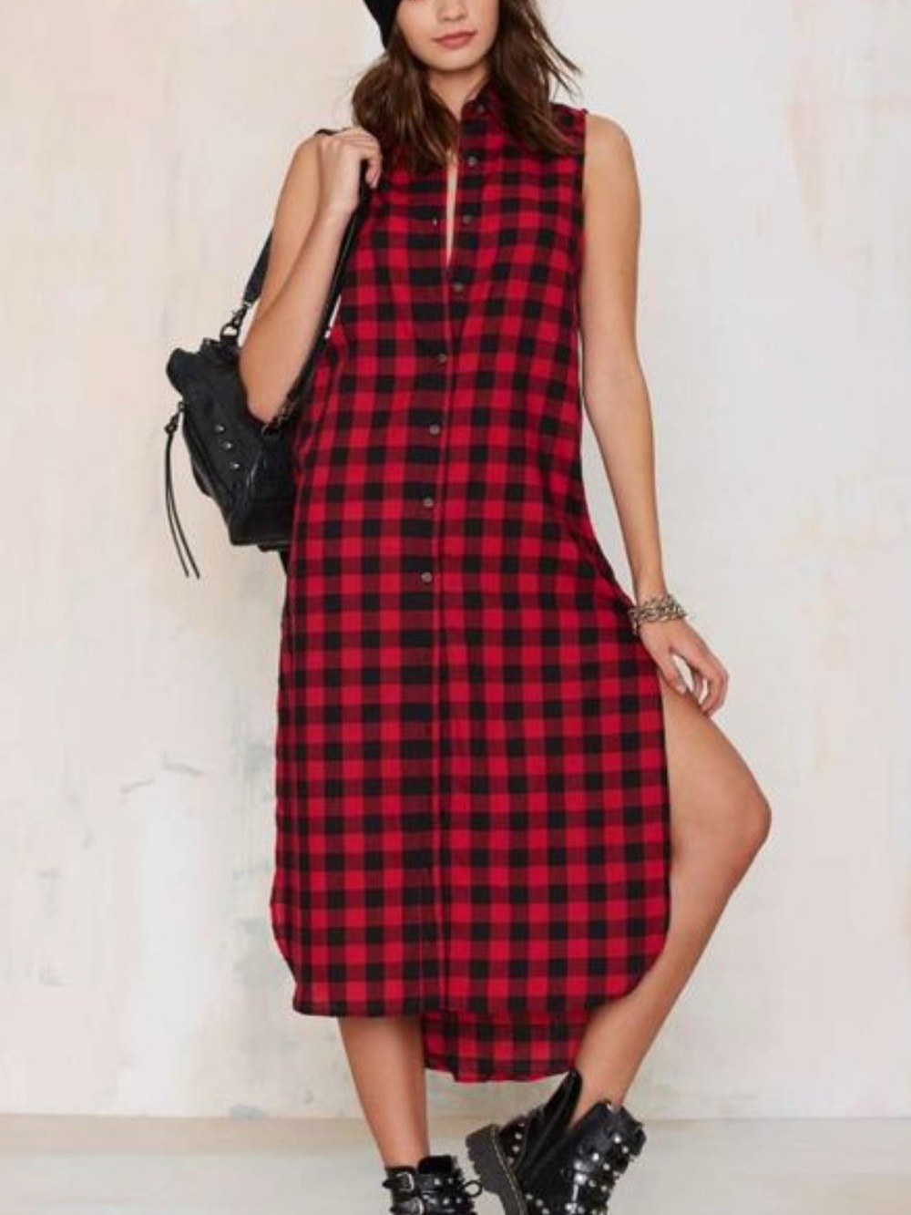 Forever 21 Red and Black Plaid Midi Shirt Dress